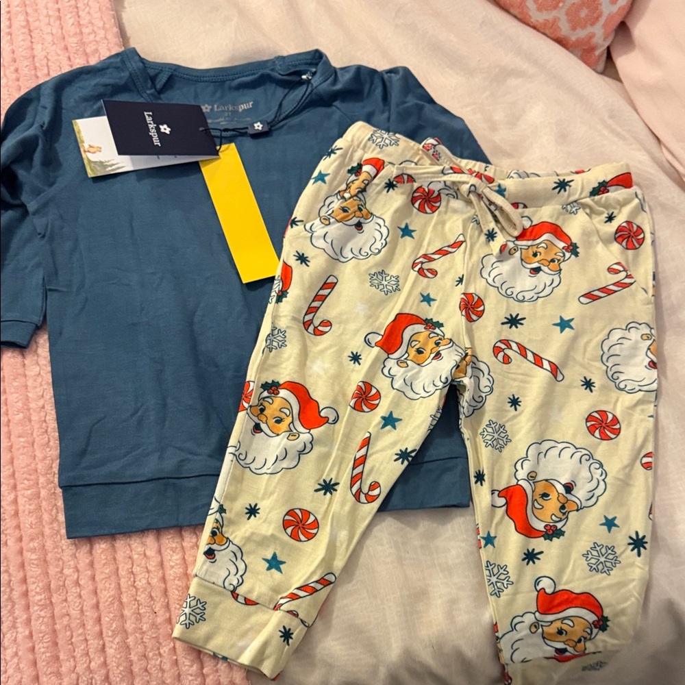 Larkspur bamboo pjs Santa sleigh 2T jogger set NWT blue Santa faces